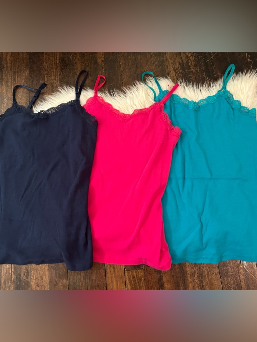 Bundle of 3 knit lace trim cami's size XL v-neck pink navy aqua Y2K Faded Glory